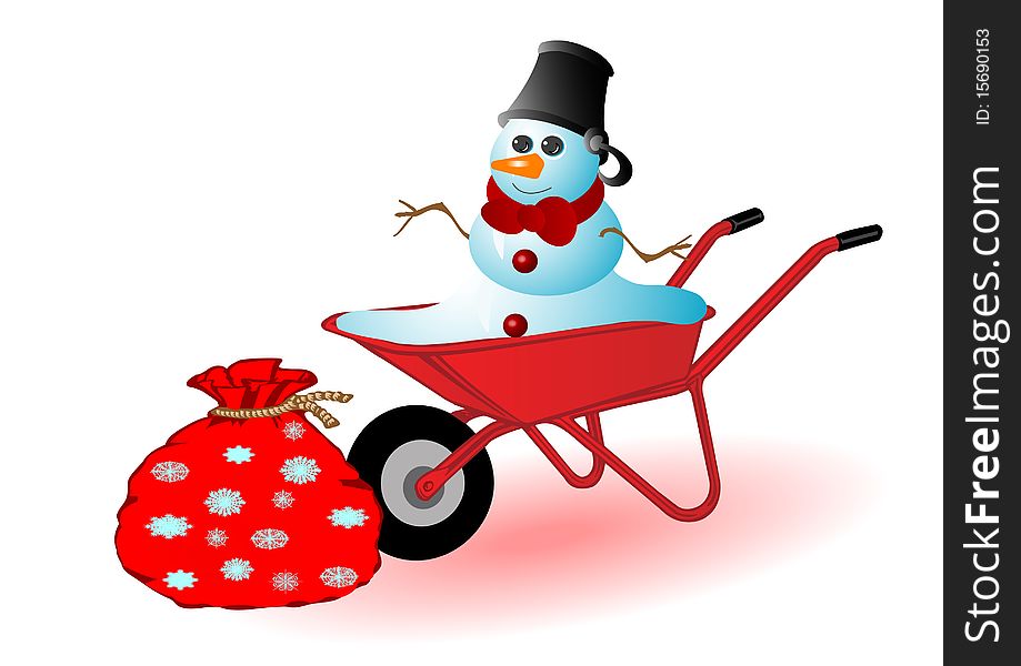 Vector illustration the snowman in a red wheelbarrow.