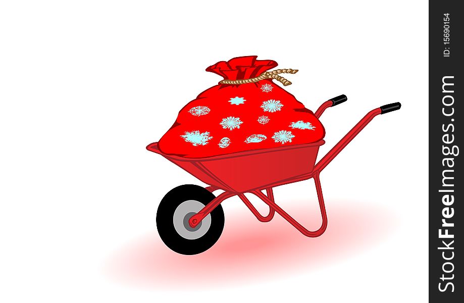 Vector illustration the bag in a red wheelbarrow.