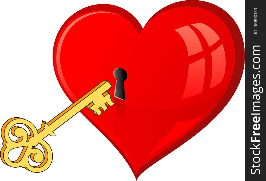 Golden key opens the heart. Over white. EPS 8