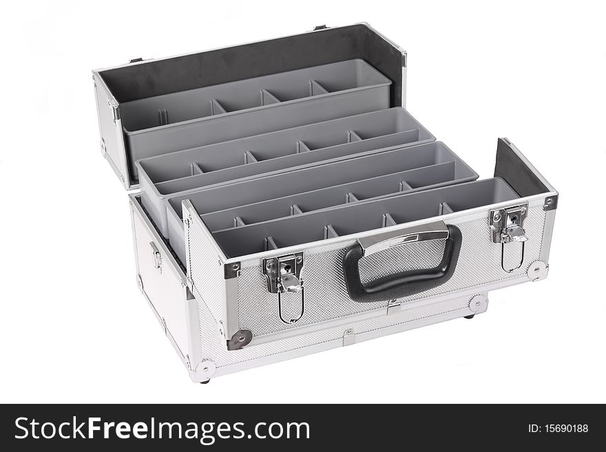 Aluminium toolbox with plastic cassettes isolated on white. Aluminium toolbox with plastic cassettes isolated on white