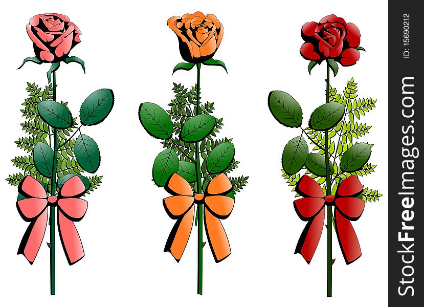 Three small bouquets of roses decorated with ribbo