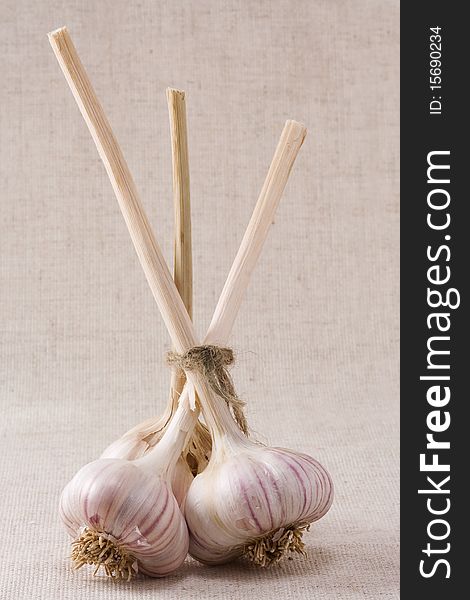 Vertical image of garlics on textile