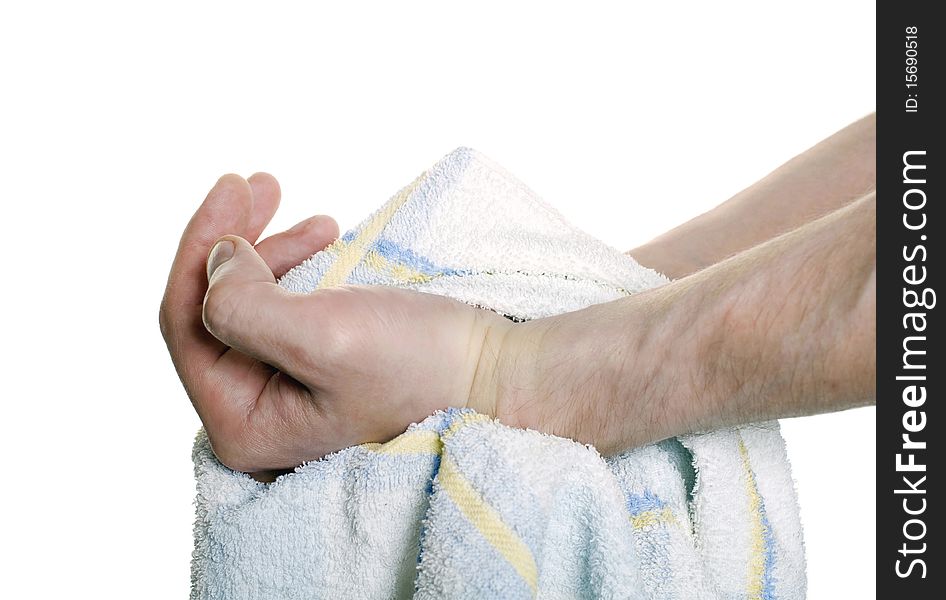 Hands with a towel isolated over white