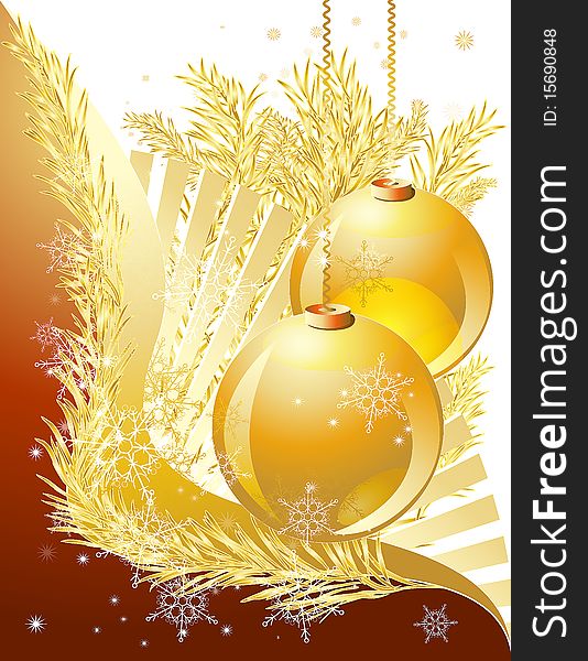 Branch of xmas tree with decoration balls and snowflakes on the gradient background. Branch of xmas tree with decoration balls and snowflakes on the gradient background