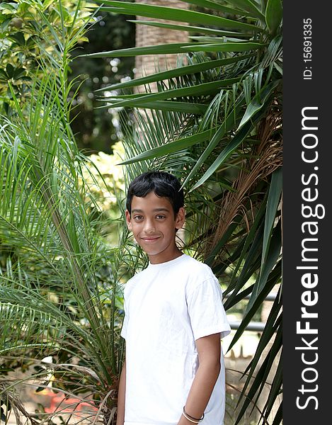 Portrait of a smiling boy in the background of tropical plants. Portrait of a smiling boy in the background of tropical plants.