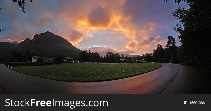 Sunset in a littel town within the mountain. Sunset in a littel town within the mountain