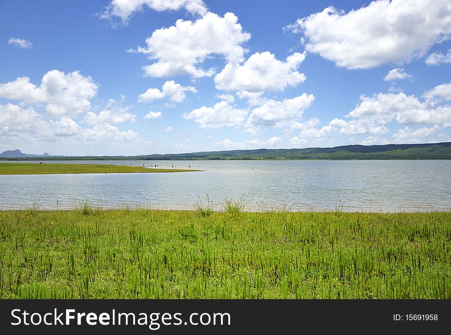 Green Field, Lake And Sky Background