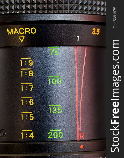 Scale on photographic macro lens. Scale on photographic macro lens