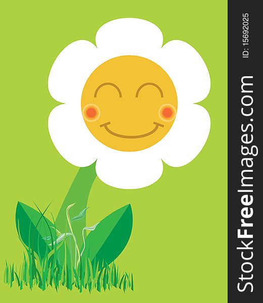 An illustration with smiling chamomile cartoon. An illustration with smiling chamomile cartoon
