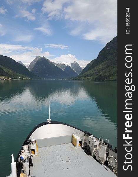 Reflections in Fjaerlandsfjord, Norway, on cruise up the fjord