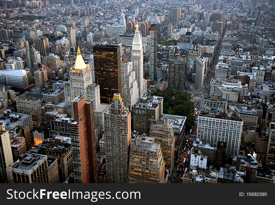 Aerial view of  Manhattan in New York city at sunset. Aerial view of  Manhattan in New York city at sunset