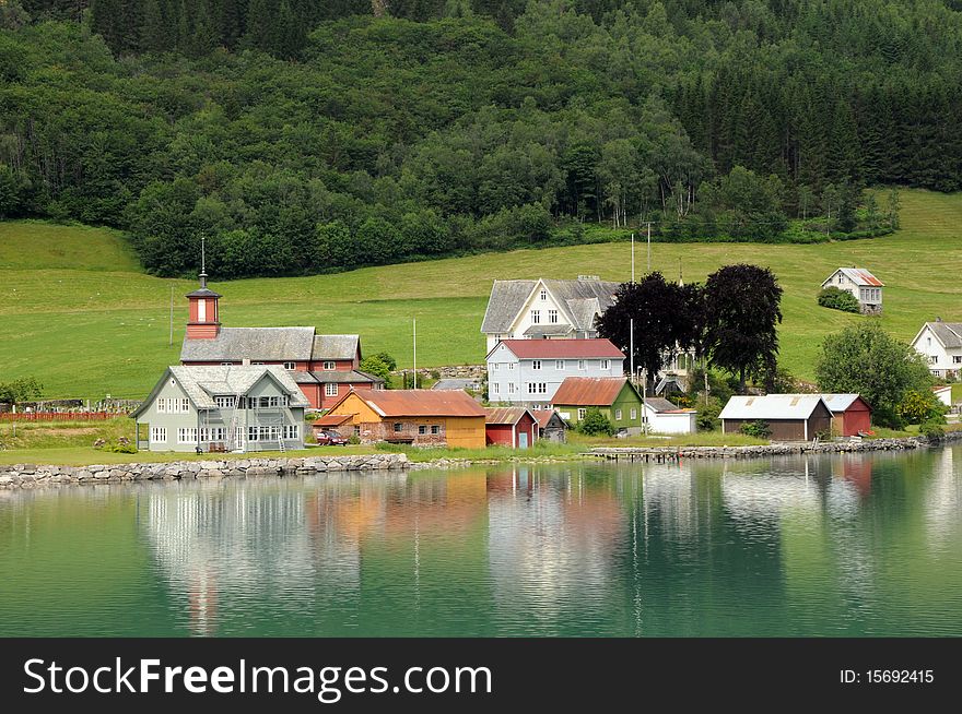 Village of Mundal on Fjaerlandsfjord, Norway. Village of Mundal on Fjaerlandsfjord, Norway