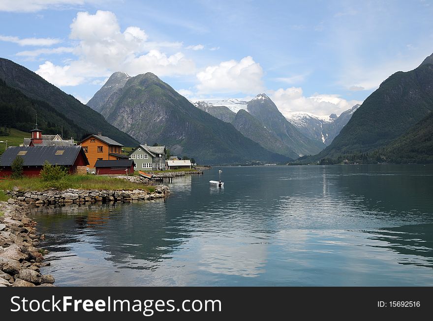 Village of Mundal on Fjaerlandsfjord, Norway. Village of Mundal on Fjaerlandsfjord, Norway