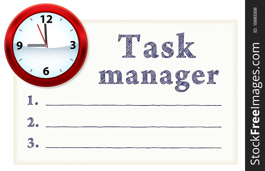 Clock face on a piece of paper with a list of tasks. Blank space for text. Clock face on a piece of paper with a list of tasks. Blank space for text