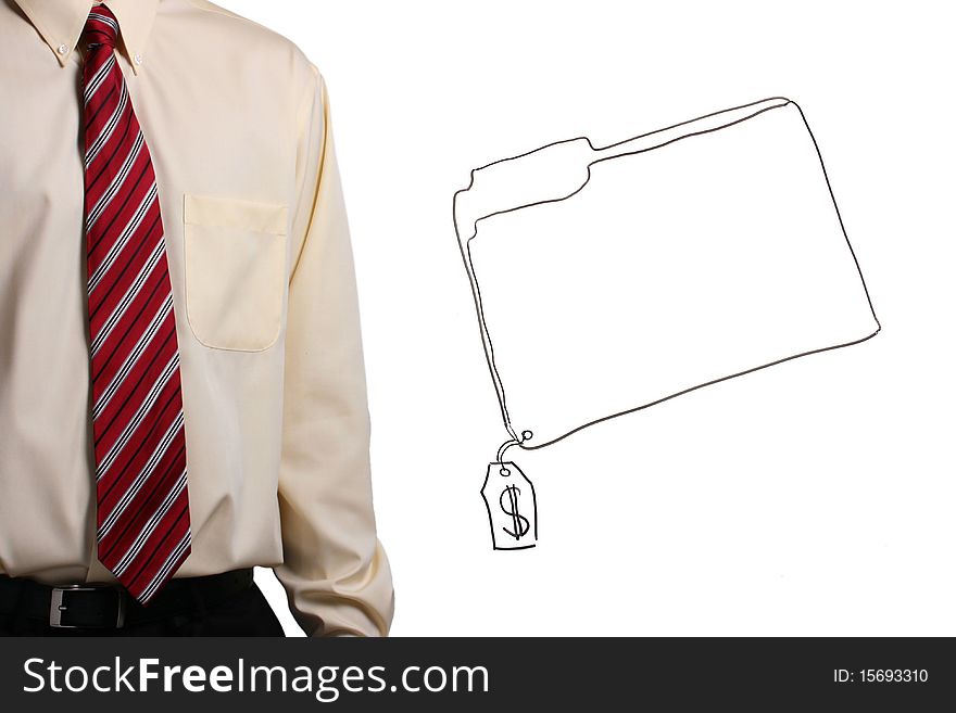 Man in a shirt and a tie standing next to a drawing of a folder. Add your text to the folder. Man in a shirt and a tie standing next to a drawing of a folder. Add your text to the folder.
