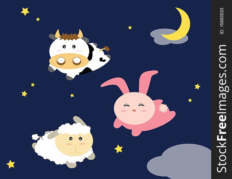 Illustration of Cow, Rabbit, Sheep flying in the sky at night. Illustration of Cow, Rabbit, Sheep flying in the sky at night