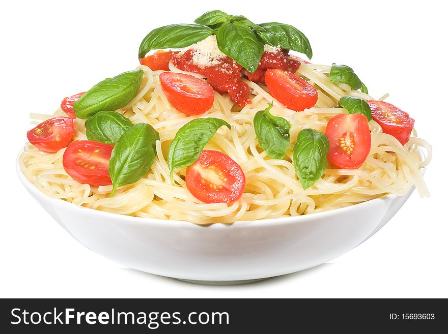 Pasta with tomato and basil on white background