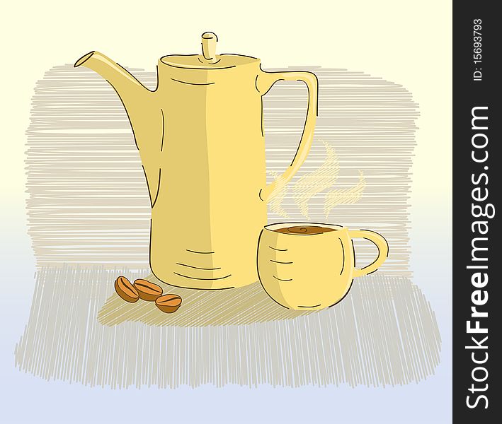 Cup of coffee and coffee pot on grange background. Cup of coffee and coffee pot on grange background