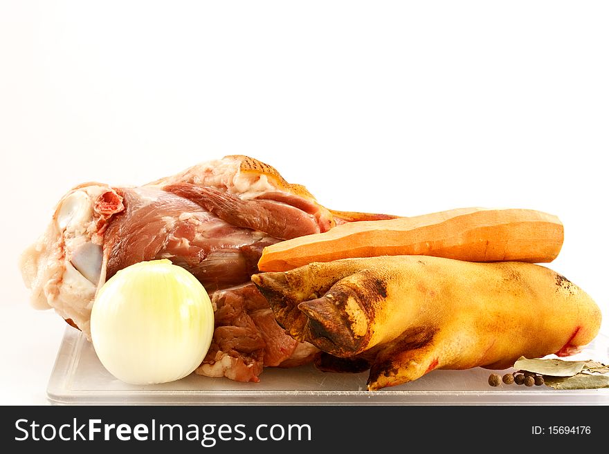 Set of products for beef aspic on a white background