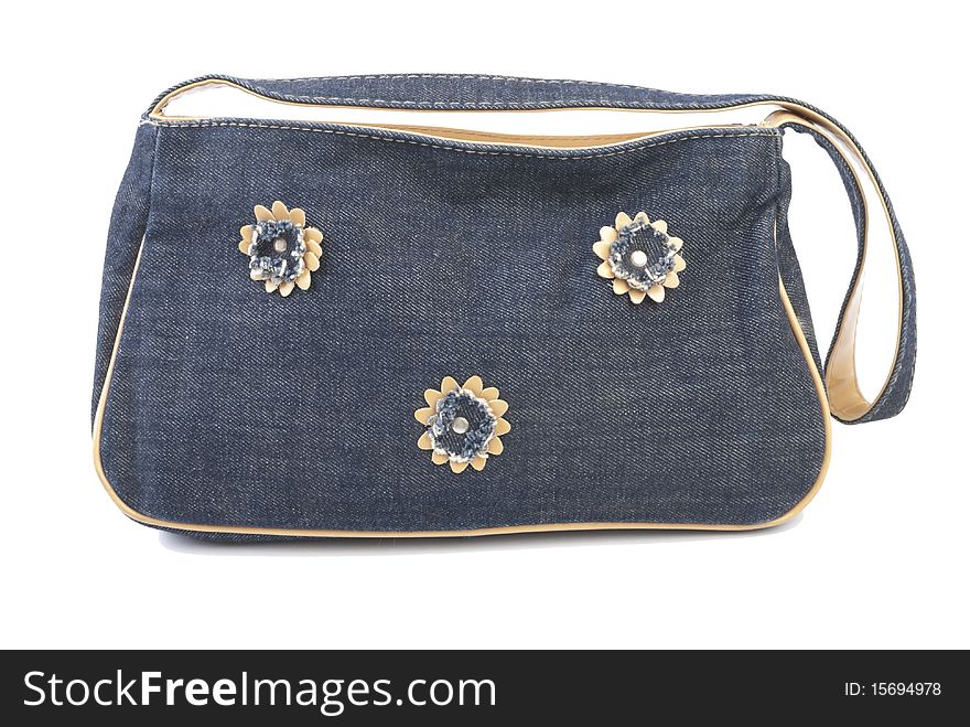 Jeans handbag with flowers. Isolated on white background. Jeans handbag with flowers. Isolated on white background