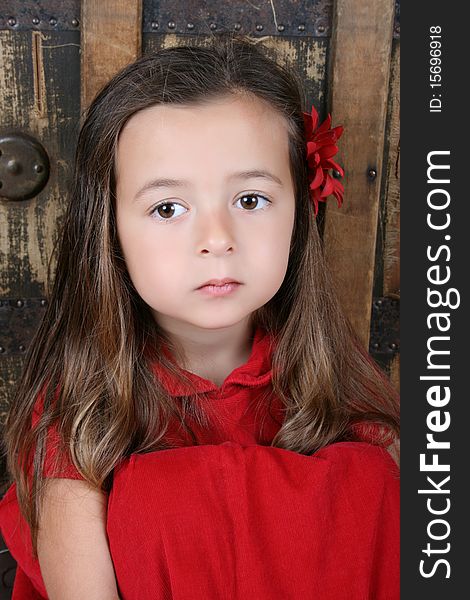 Serious looking girl with a red flower in her hair. Serious looking girl with a red flower in her hair