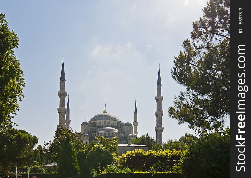 View of the Sultanahmet Blue Mosque in Istanbul framed by trees. View of the Sultanahmet Blue Mosque in Istanbul framed by trees