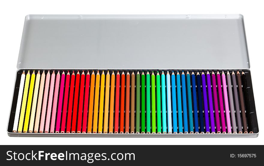 Color crayons in metal box isolated on white background. Color crayons in metal box isolated on white background