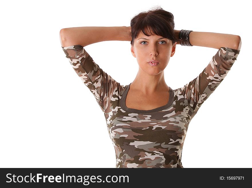 Beautiful woman in military shirt