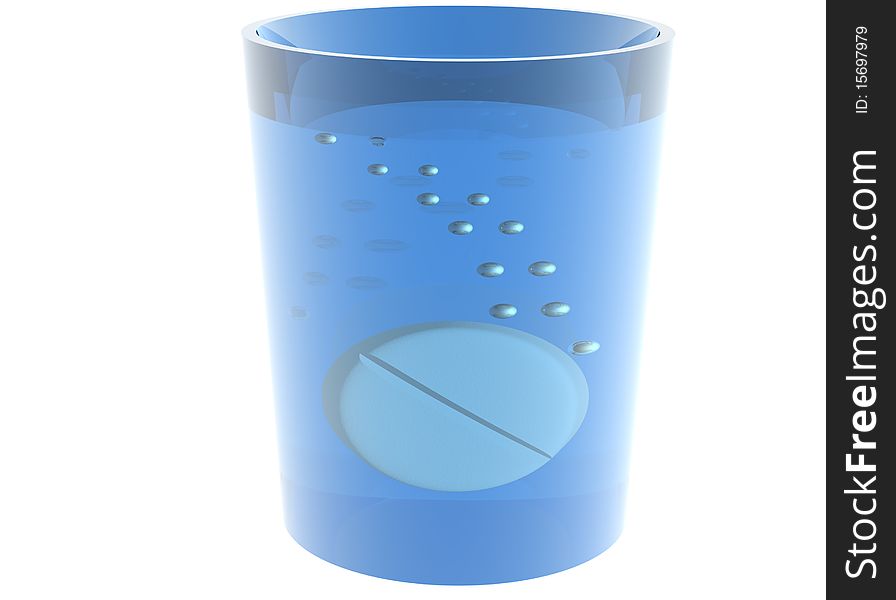 3D rendered blue glass with watersoluble white pill on white background