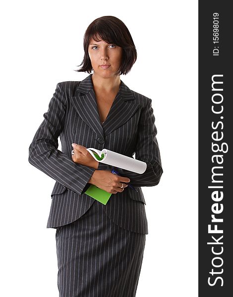 Young attractive business woman with notepad and pen