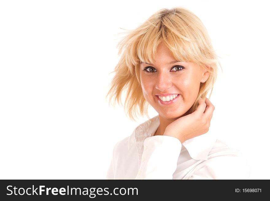 Portrait of beautiful and young smiling girl on a white