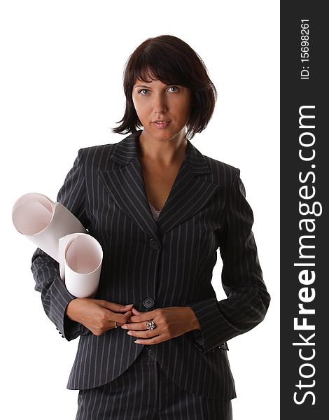 Beautiful sexy business woman holding blueprints