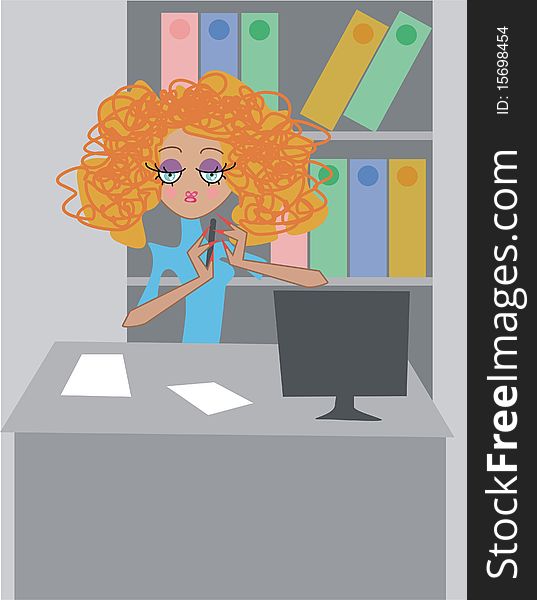 Girl on her workplace.Illustration