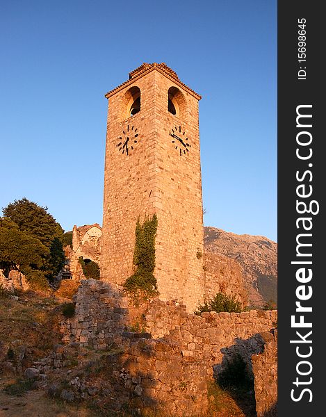 Clock Tower Among Ruins Of Stari Bar, Montenegro