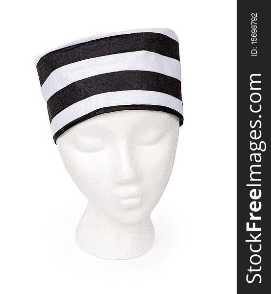 Old fashioned black and white striped prisoner hat isolated on white. Resting on a model head for proper perspective. Contains a clipping path for easy extraction.