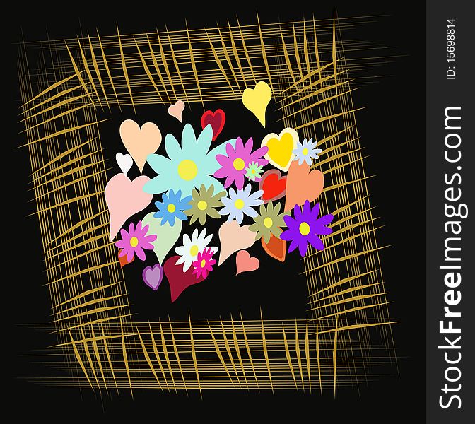 Frame With Flower And Heart On Black Background