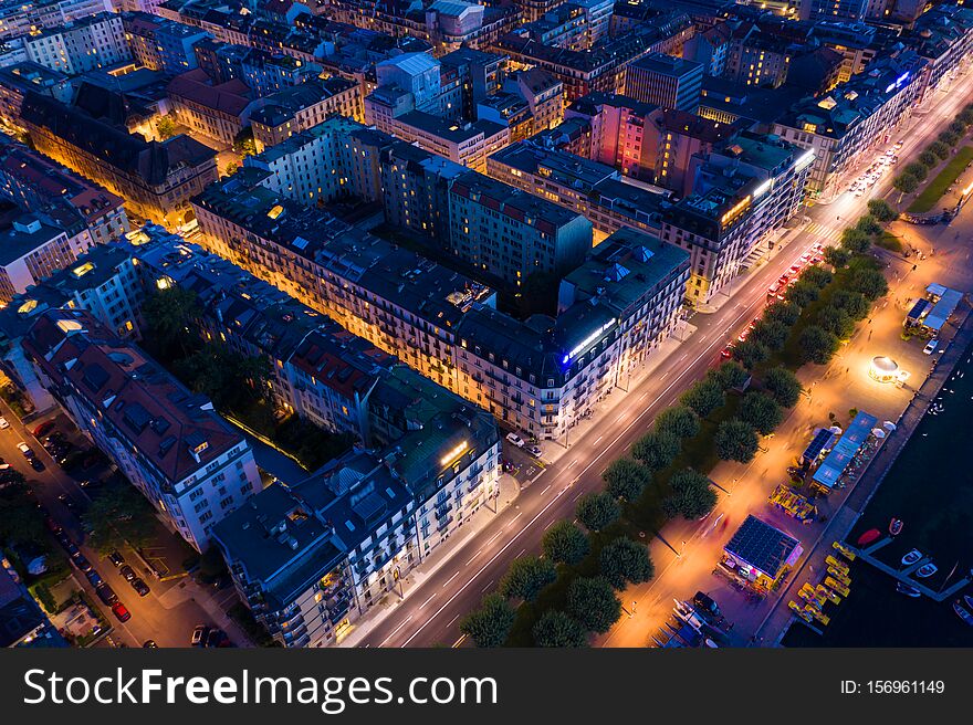 Aerial  night view of Geneva city waterfront skyline in Switzerland