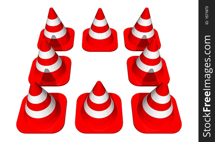 Traffic cones forming a square on a white background