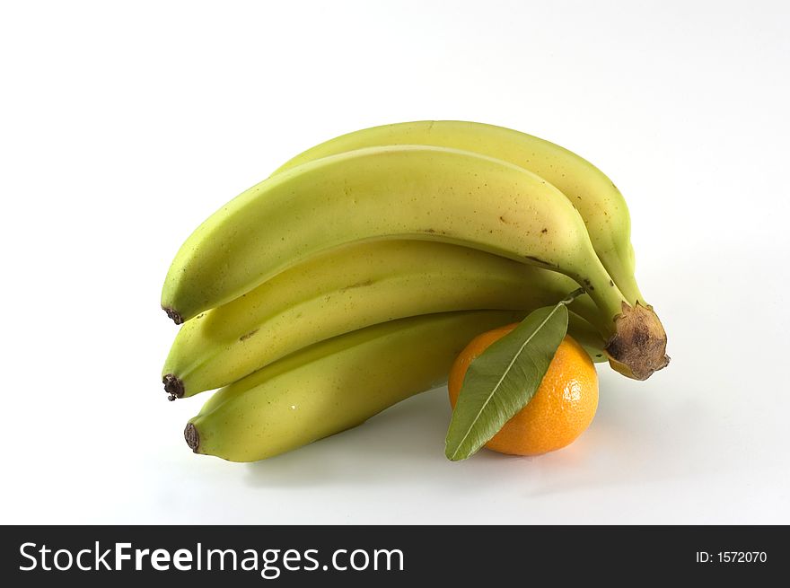 Banana and orange in a white background. Banana and orange in a white background