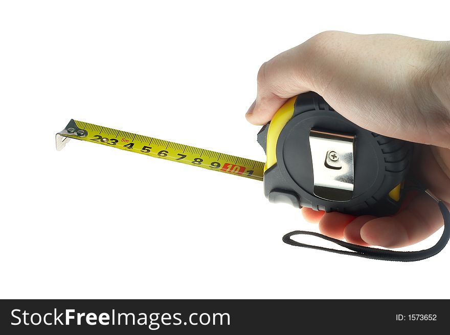 Hand holding a measuring roulette, isolated on white background with clipping path. Hand holding a measuring roulette, isolated on white background with clipping path
