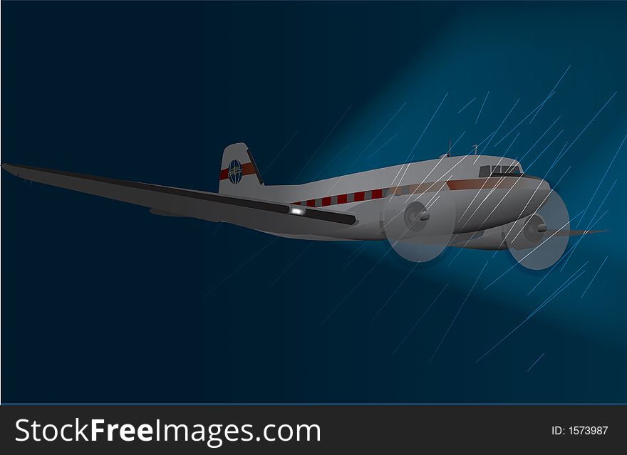 A DC-3 traveling at night in stormy weather at night. A DC-3 traveling at night in stormy weather at night