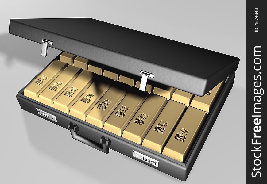 Briefcase with gold - 3d render