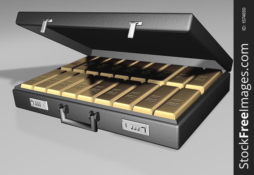 Briefcase with gold - 3d render