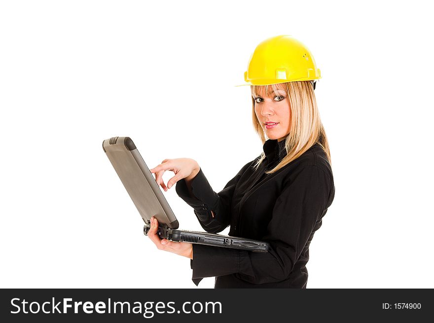 A businesswoman with notebook on white background