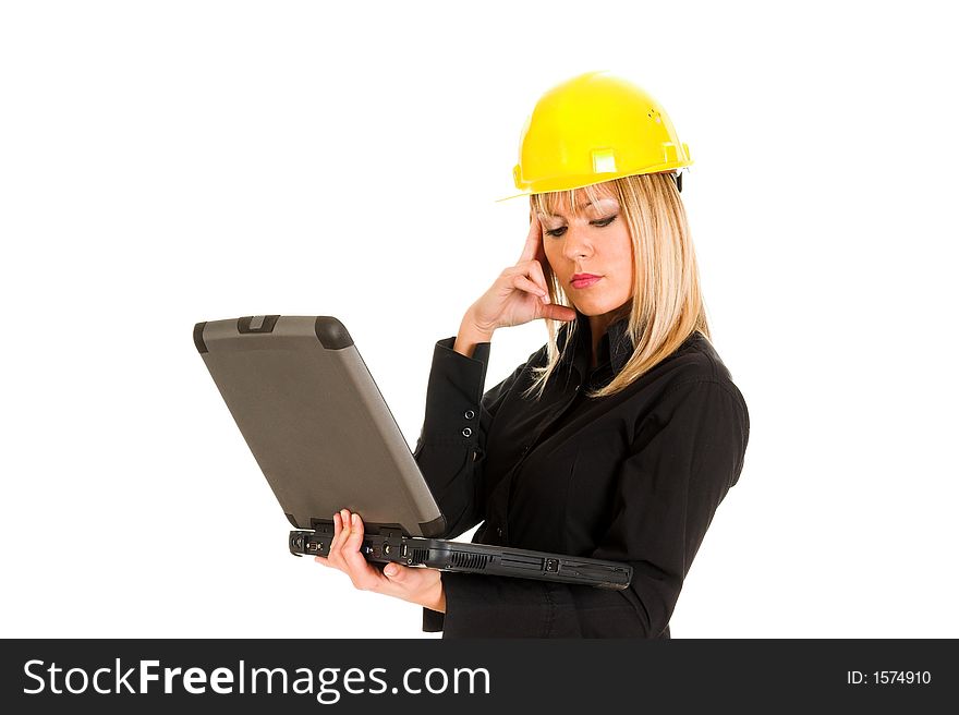 A businesswoman with notebook on white background