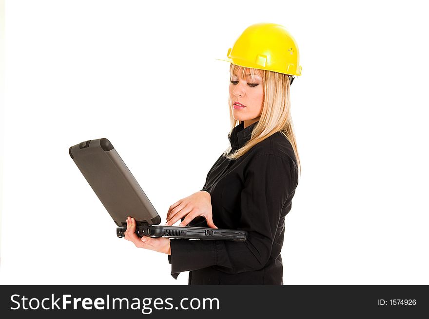 A businesswoman with notebook on white background