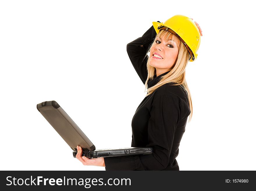 A businesswoman with notebook on white background