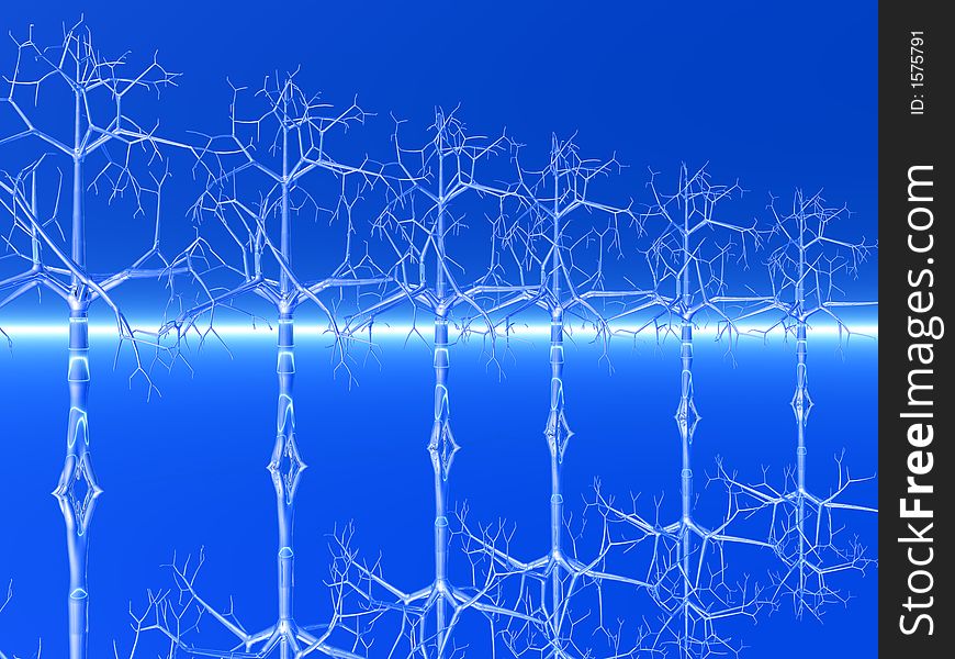 Crystal trees row on blue background - 3d scene. Crystal trees row on blue background - 3d scene