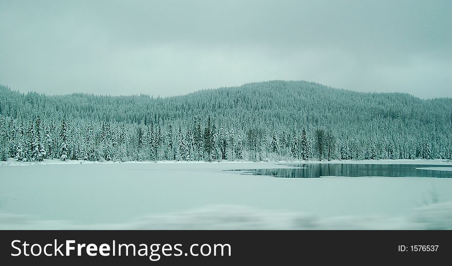 Landscape of a frozen lake next to a mountain with trees and snow. Landscape of a frozen lake next to a mountain with trees and snow