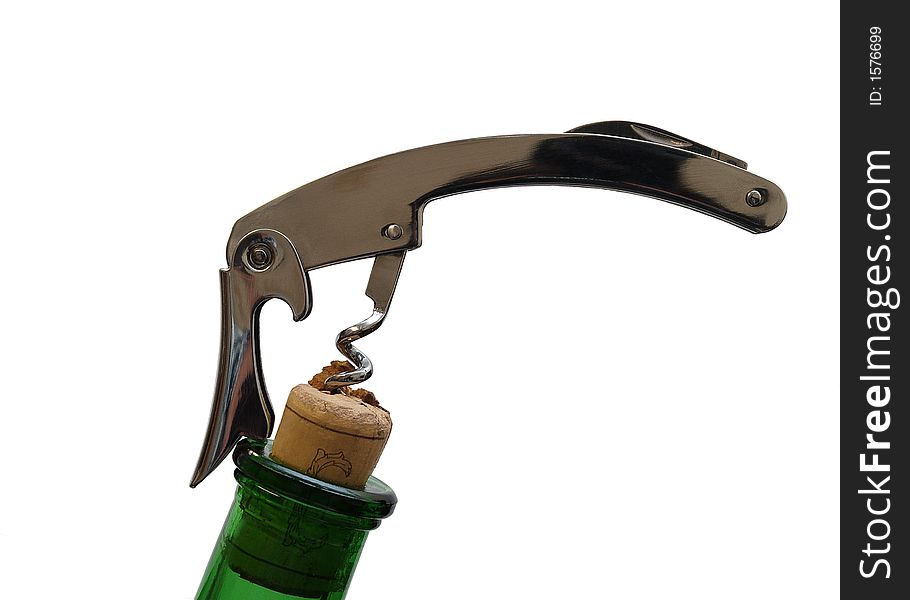Steel corkscrew pulled in bottle cork isolated on white background. Steel corkscrew pulled in bottle cork isolated on white background